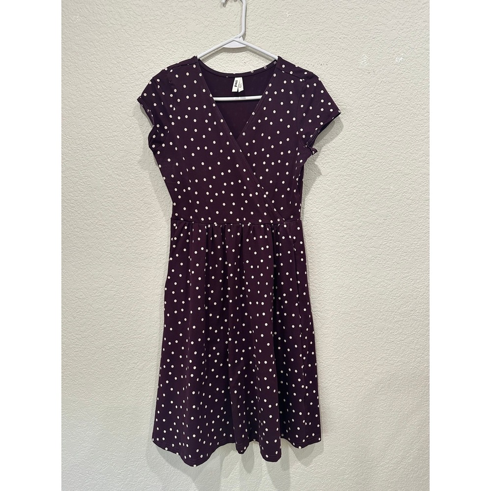 Pact Organic Cotton‎ Polka Dot Fit Flare Dress Purple White Pockets Womens Small